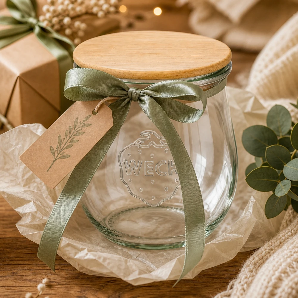 220ml tulpenglas WECK RR60 met hout deksel WECK tulpenpot 220ml RR60 cadeau met groen lint en label - inmaakpot met houten deksel, decoratief verpakt
