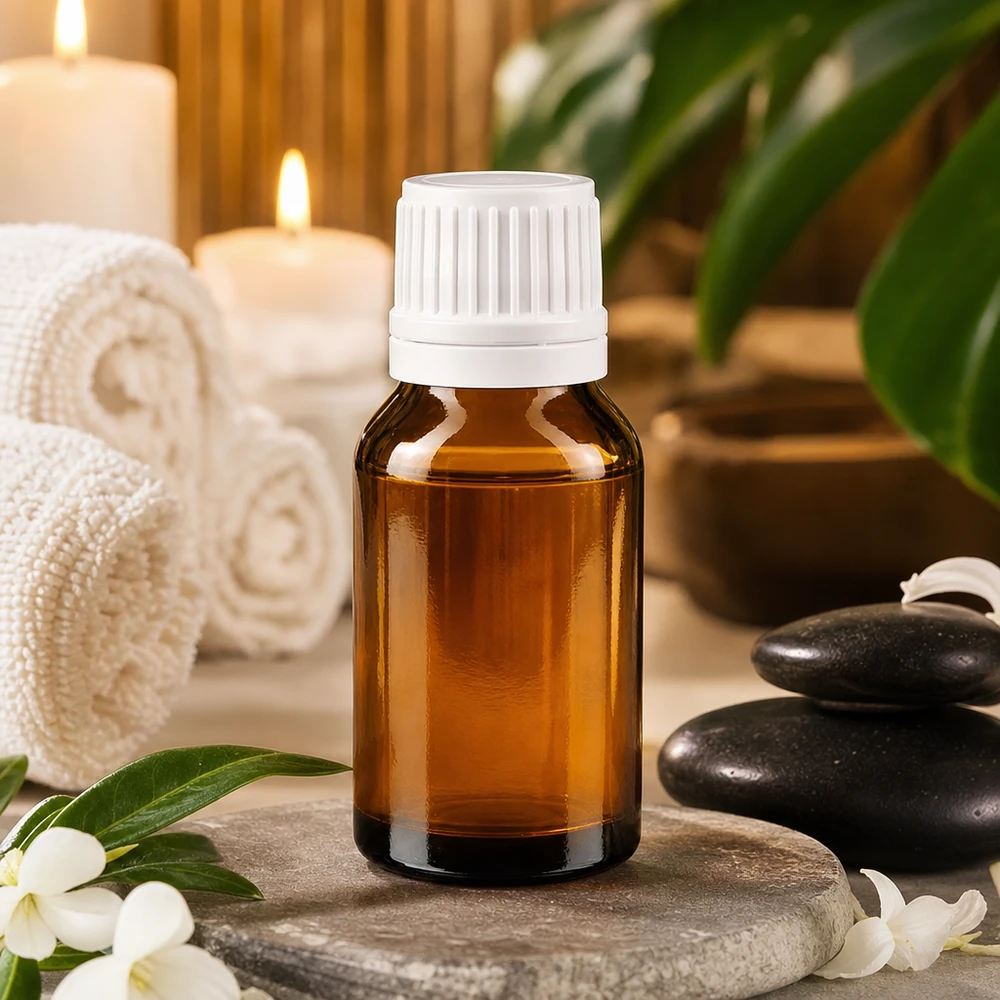 Bruine glazen fles 30ml met wit schroefsluiting VR Lichtbeschermende fles van 30 ml, bruin glas met witte veiligheidssluiting tussen jasmijnbloesems