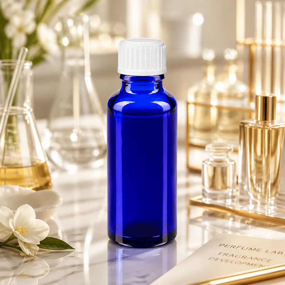Kobaltblauw apothekersglas van 30 ml met een dop van 11 mm voor de productie van parfum en aromatherapie