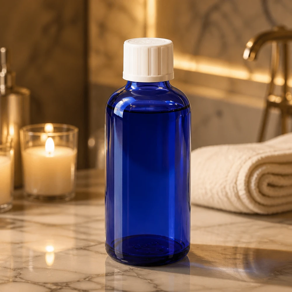 Blauwe glazen flessen 50ml met wit druppelsluiting kinderslot St Een elegante kobaltblauwe druppelfles met een witte KiSi-dop naast kaarsen en handdoeken in de badkamer