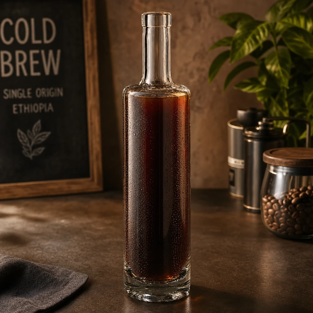 500 ml glazen fles van Lina gevuld met cold brew koffie in een stijlvolle koffieshop sfeer met koffiebonen en vintage deodorant.
