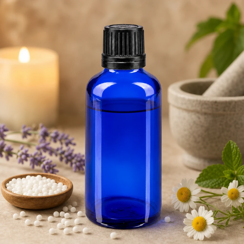 Blauwe doseerfles van 50 ml van UV-bestendig glas met een zwarte kindveilige sluiting