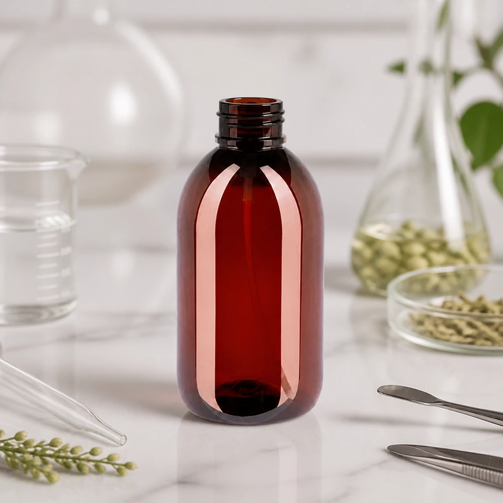 Ovale PET Flasche 250ml bernsteinfarben mit Zerstäuber und Laborausstattung im Hintergrund