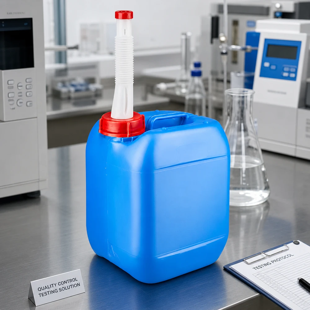 Blauwe testoplossingstank van 5 liter met flexibele uitloopbuis op een roestvrijstalen laboratoriumwerkblad