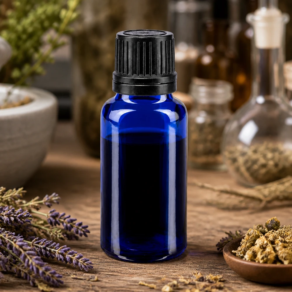 Blauwe glazen flessen 20ml met wit druppelsluiting 1mm VR Blauwe doseerfles van 20 ml met een nauwkeurige druppelaar van 1 mm en een zwarte, originele glazen sluiting
