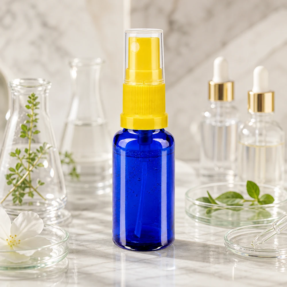 Blauwe glazen flessen 20ml met geel pompverstuiver Hervulbaar blauw glazen flesje van 20 ml met gele verstuiver en doorzichtige beschermdop STD