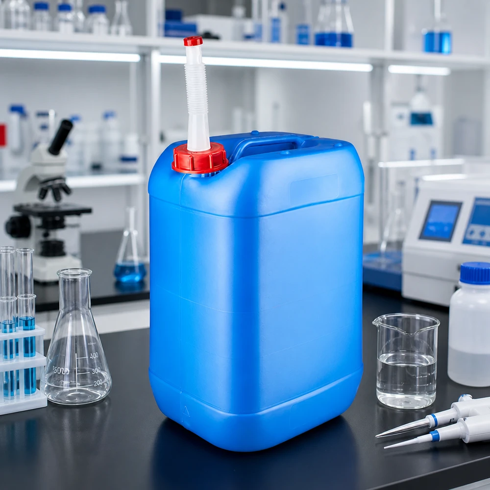 Jerrycan van 25 liter met uitloopbuis voor het veilig afvullen van zuren, logen en laboratoriumchemicaliën