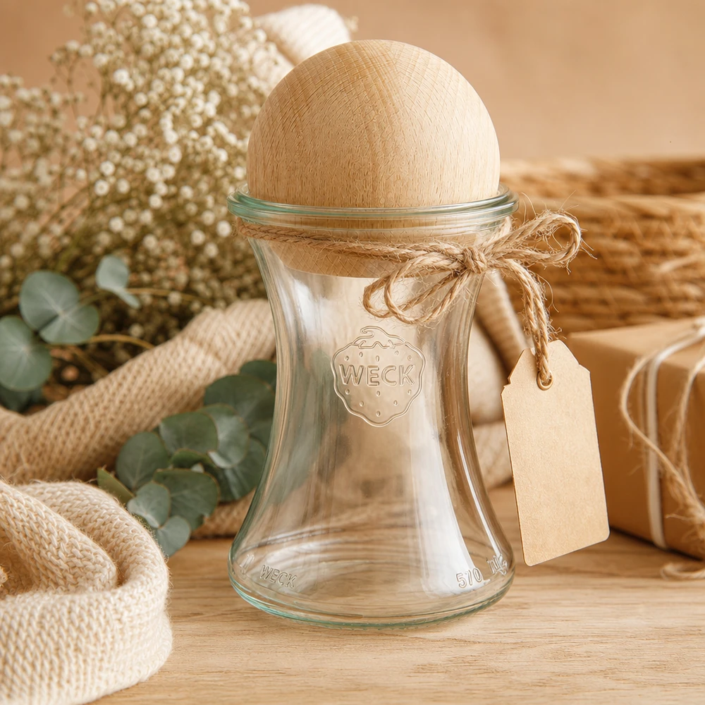 WECK delicatessenpot 370ml RR80 houten bol beuken geschenkdoos jute koord etiket natuurlijk keukengerei