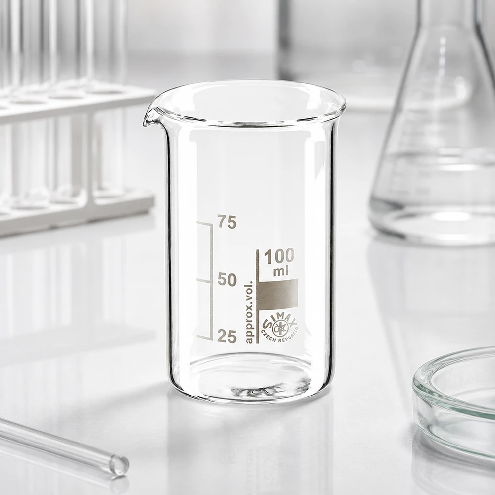 Hoog laboratoriumbekerglas van 100 ml, van borosilicaatglas, naast een glazen staaf en een petrischaal op een laboratoriumtafel