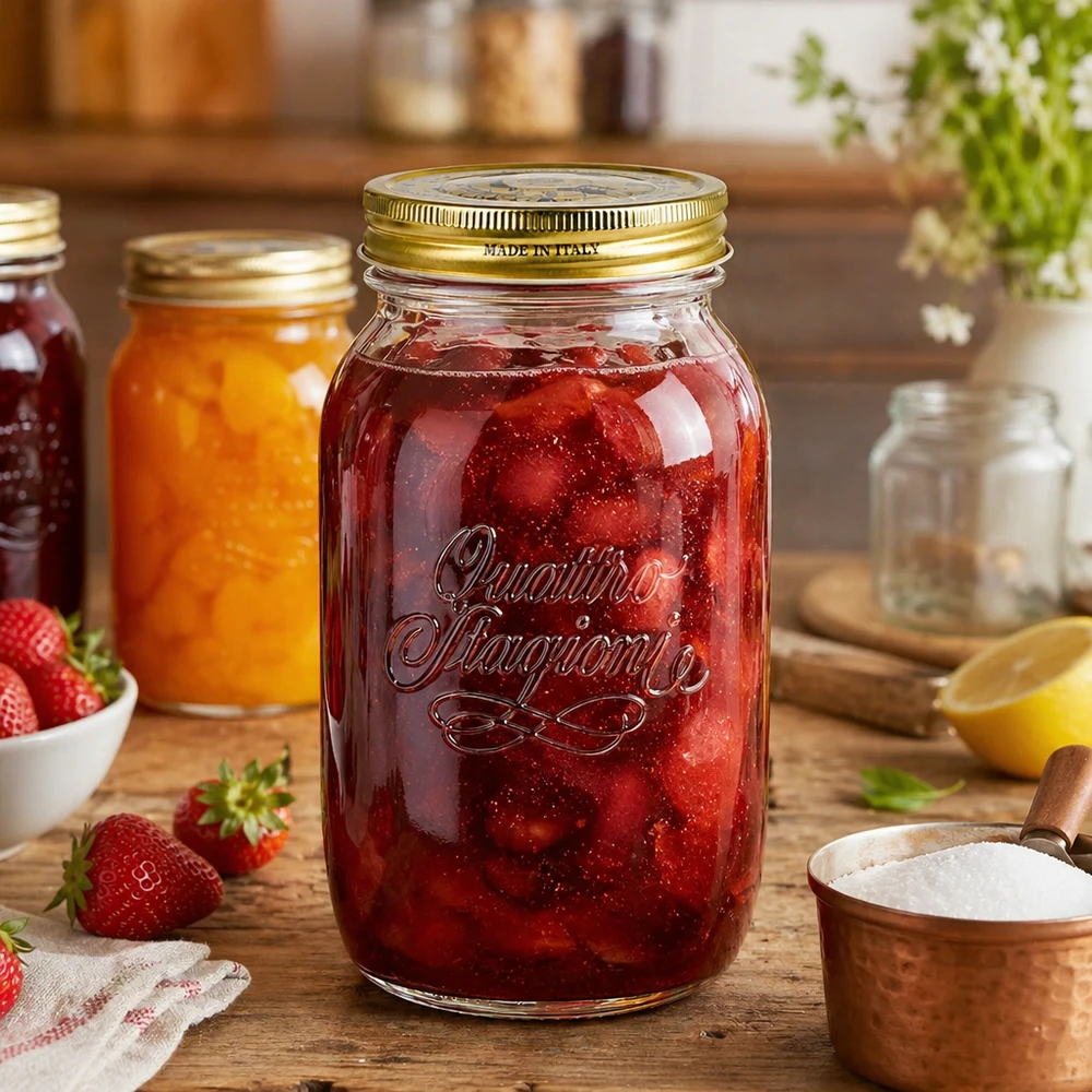 Quattro Stagioni inmaakpot 1500ml gevuld met aardbeienjam Keukenscène Italiaanse inmaakpot aardbeienjam