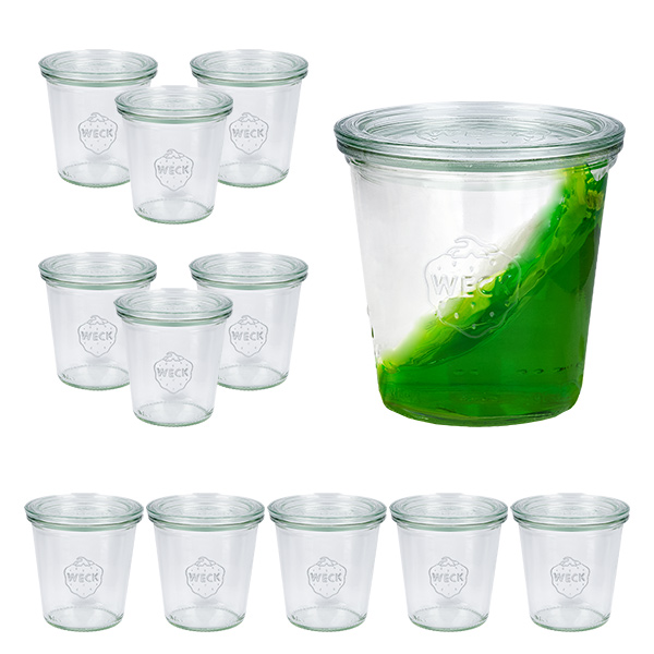 Set van 12 Weck bekers 290ml hoog, 1/5L potten met 12 glazen deksels