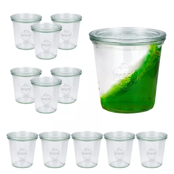 Set van 12 Weck bekers 290ml hoog, 1/5L potten met 12 glazen deksels Set van 12 Weck bekers 290ml hoog, 1/5L potten met 12 glazen deksels