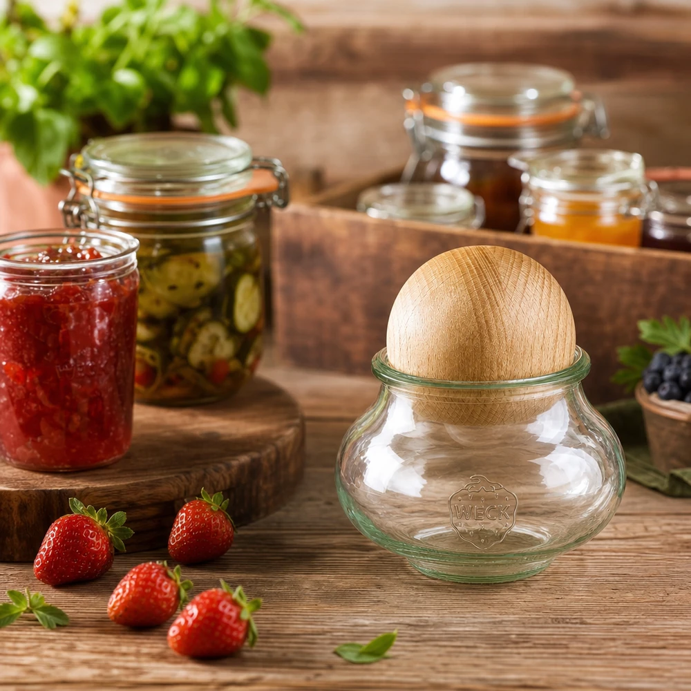 560ml juwelenglas WECK RR80 met houten bal WECK voorraadpot 560ml RR80 houten bol beuken keuken decoratie met inmaakpotten jam aardbeien houten plank