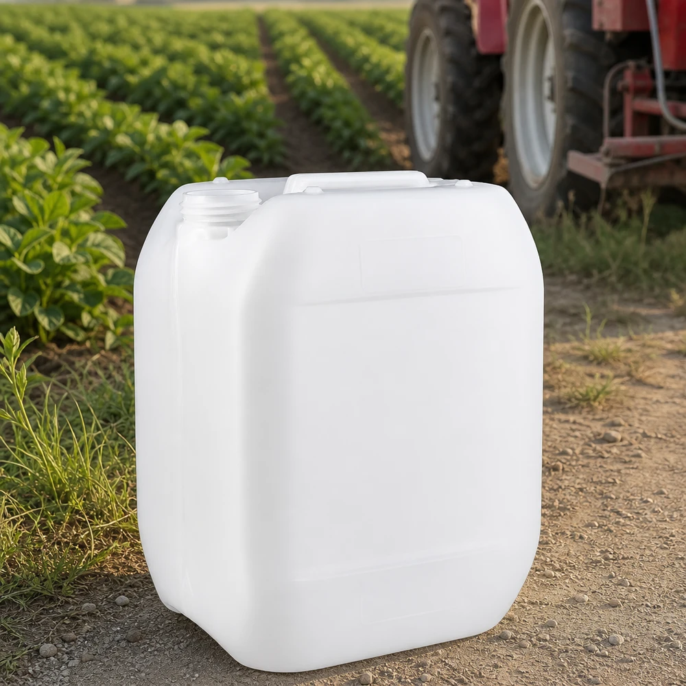 10l jerrycan, UN-toelating, zonder schroefsluiting HDPE-jerrycan van 10 liter zonder dop, met schroefhals aan de zijkant en geïntegreerde draaggreep