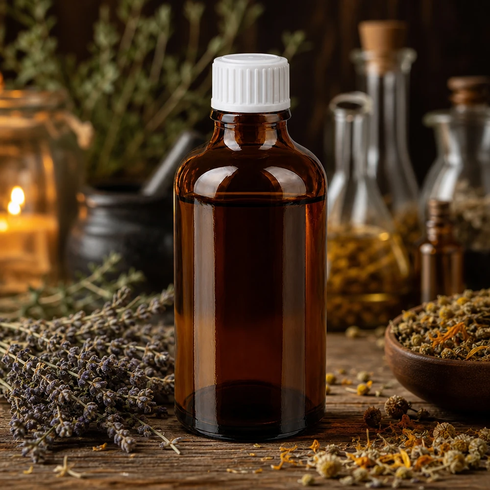 Bruine glazen fles 50ml met wit schroefsluiting St Bruine glazen fles met UV-bescherming en een witte dop voor kruidentincturen en natuurlijke extracten