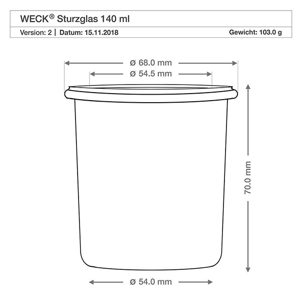 WECK RR60-pot van 140 ml met vershouddeksel Technische tekening WECK 140ml RR60 bekers met afmetingen en specificaties voor houten beuken boldeksels