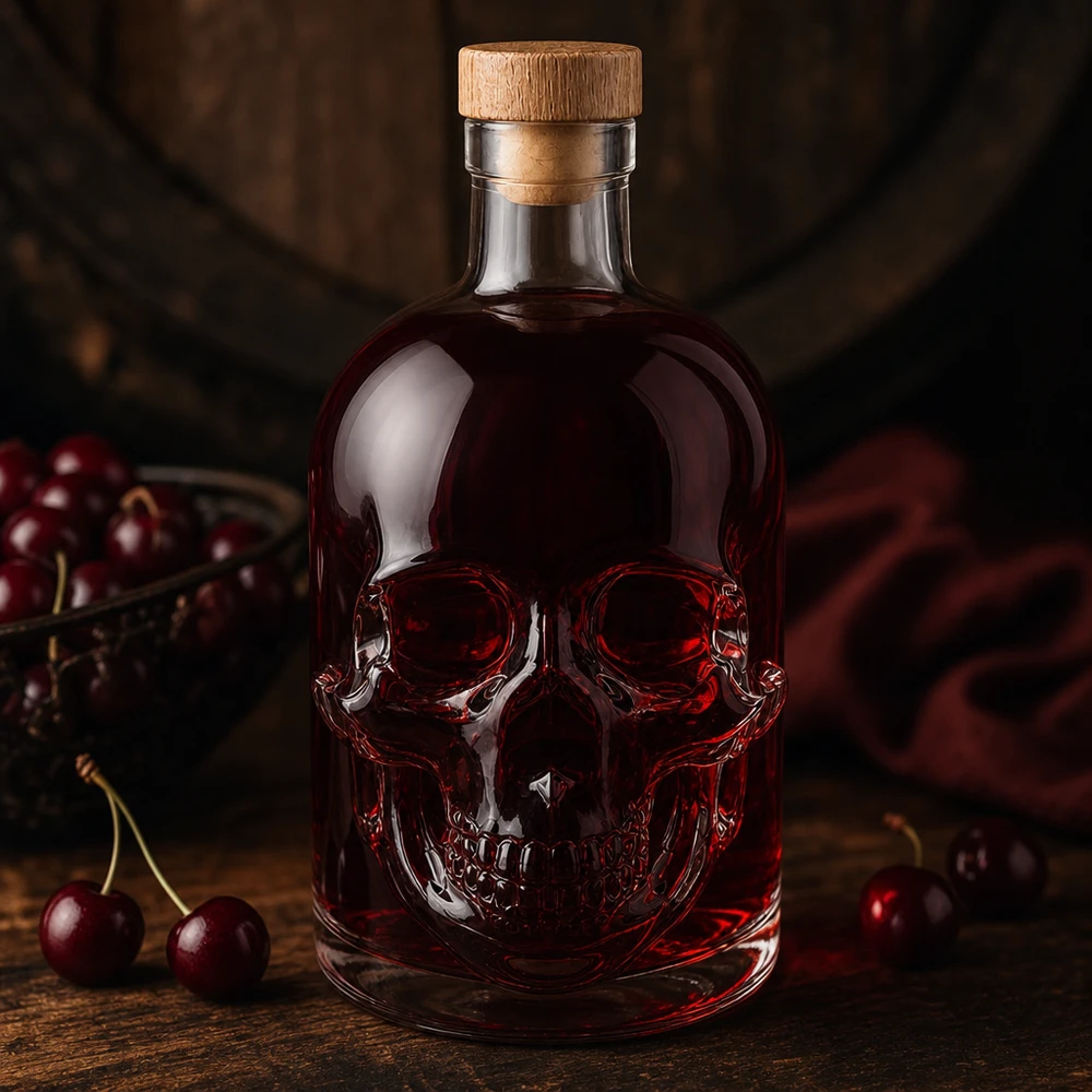 Jack glazen fles 500ml met rode inhoud en kersen, schedelontwerp met houten kurk in een donkere sfeer