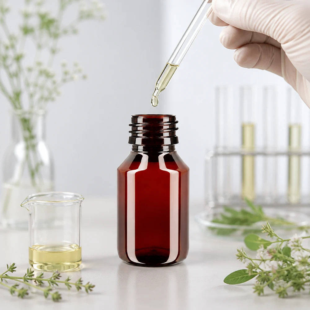 Kleine bruine kunststof fles van 50 ml, type PP28, geschikt voor het afvullen van vloeibare extracten in het laboratorium
