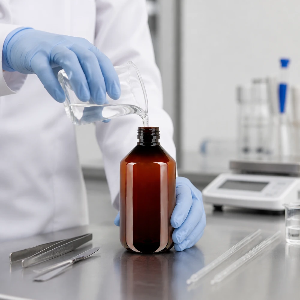 PET-fles 500ml PP28 zonder dop Farmaceutische afvulling in een bruine PET-fles van 500 ml (type PP28) met een analyseweegschaal op de achtergrond