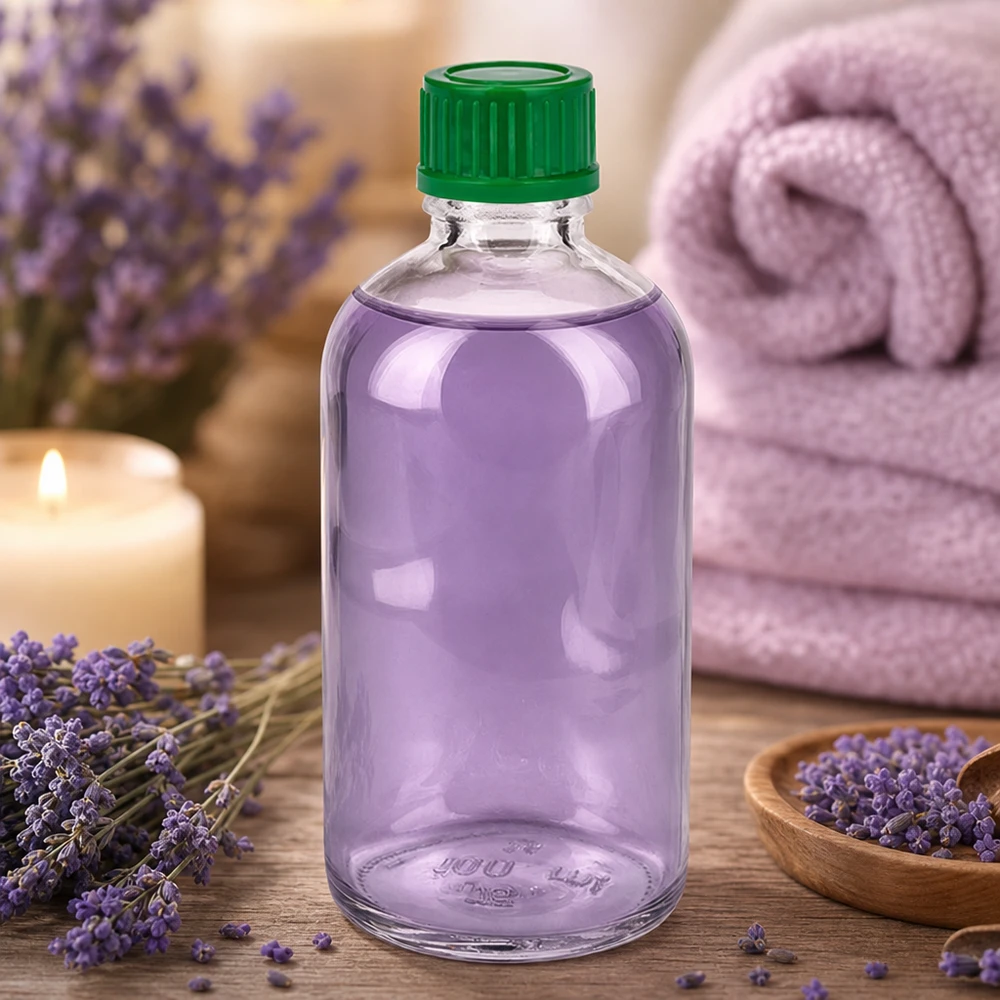 Lavendelolie in een ClearLine UT18/100 glazen fles met ronde schouders van 100 ml met een groene dop