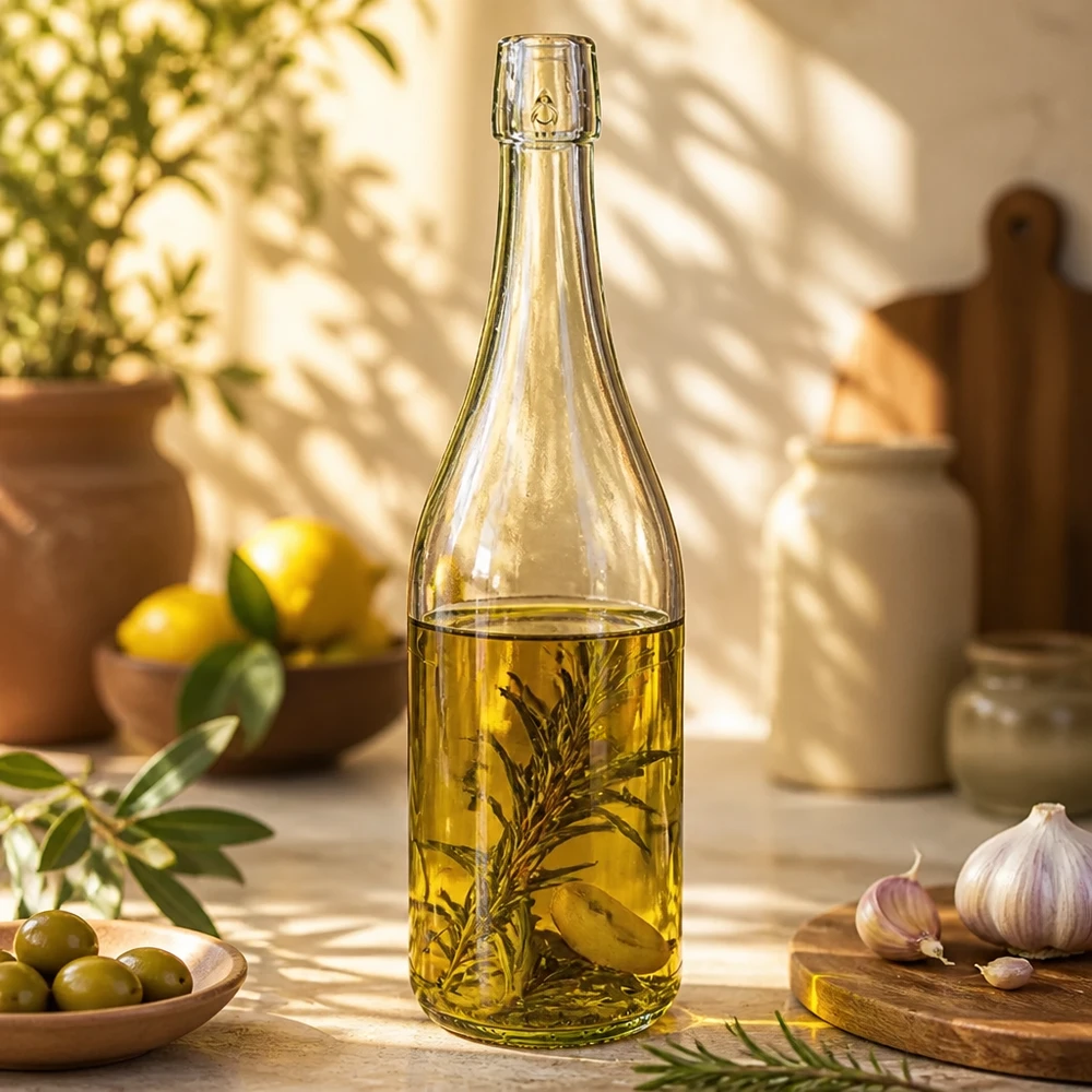 750 ml UNiTWIST glazen fles gevuld met kruidenolie in de mediterrane keuken met olijven en knoflook Voorbeeld van gebruik