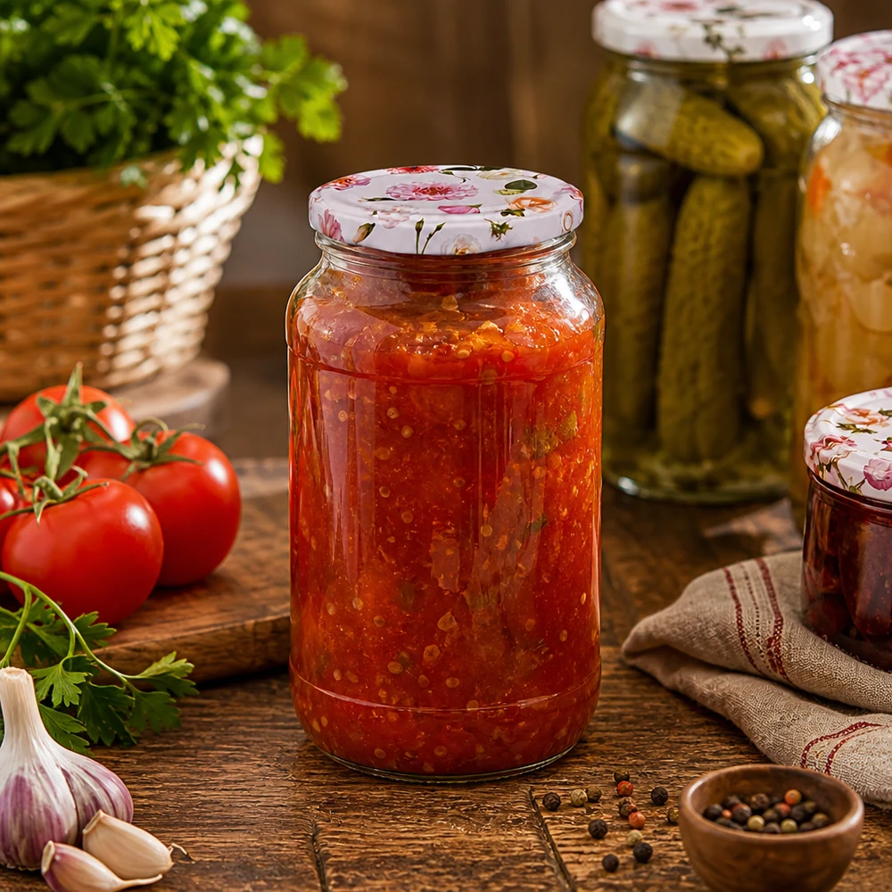 Inmaakpotje 1062ml gevuld met tomatensaus toont praktisch gebruik van het roze bloemendeksel in de keuken