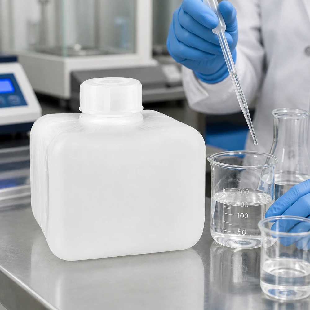 Vierkante PE-HD-fles voor chemicaliën van 250 ml met smalle hals naast een precisieweegschaal in het analyselaboratorium