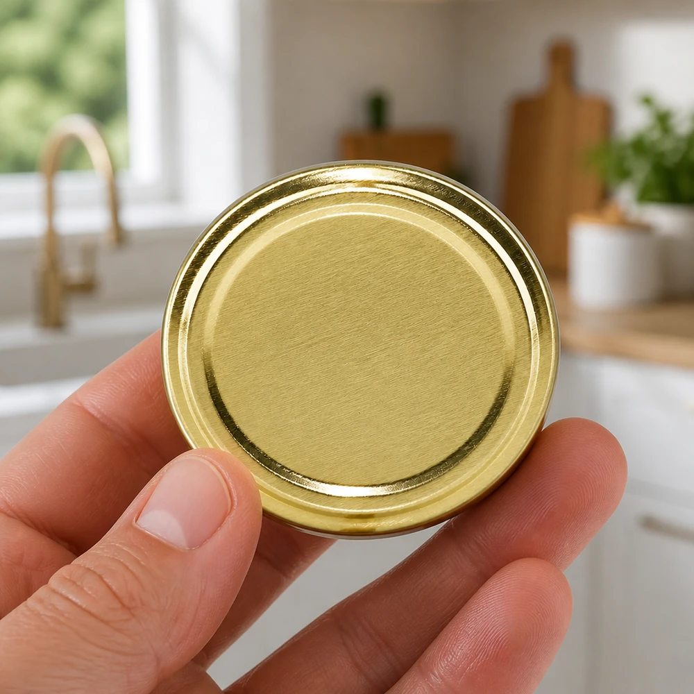 58 mm BasicSeal-deksel goud (TO58) UNiTWIST Hand houdt een gouden 58 mm Twist-Off-deksel TO58 BasicSeal vast tegen een keukenachtergrond