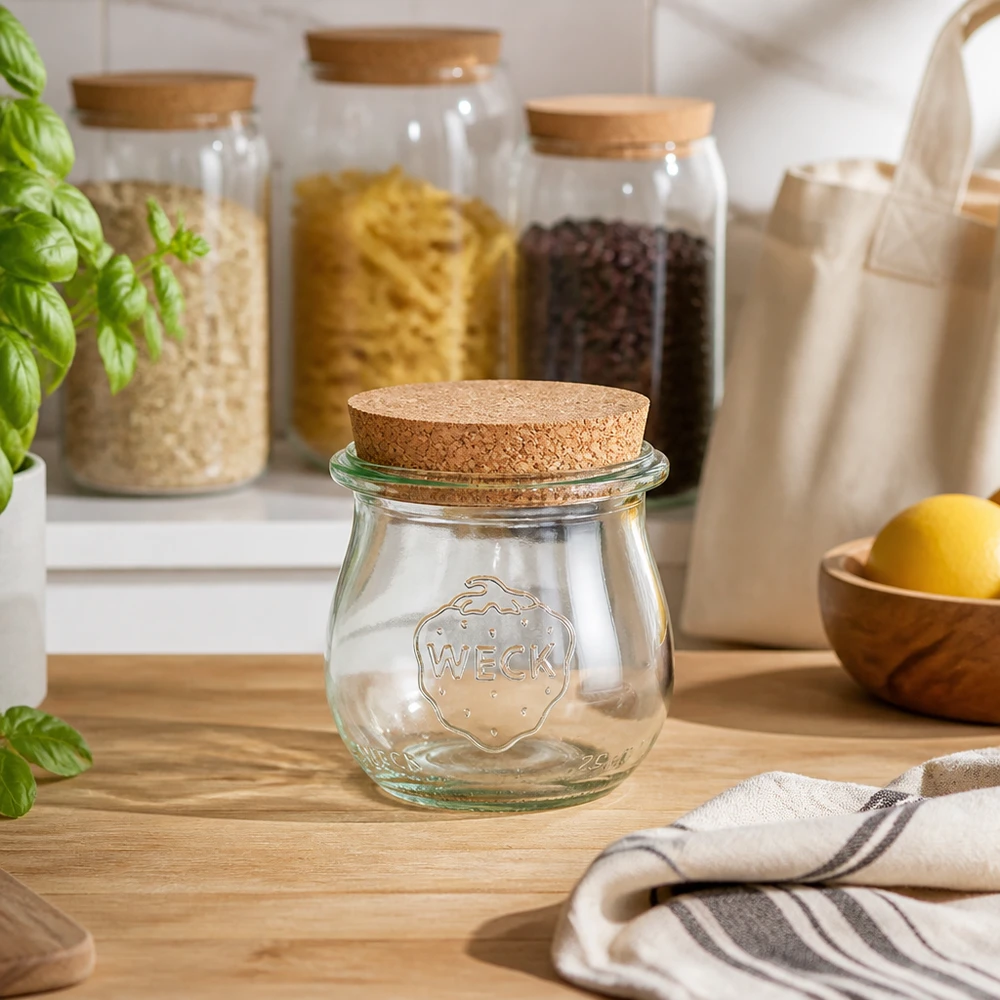 WECK tulpenpot 75ml RR40 met kurk in duurzame keuken tussen voorraadpotten en houten schalen op houten aanrecht