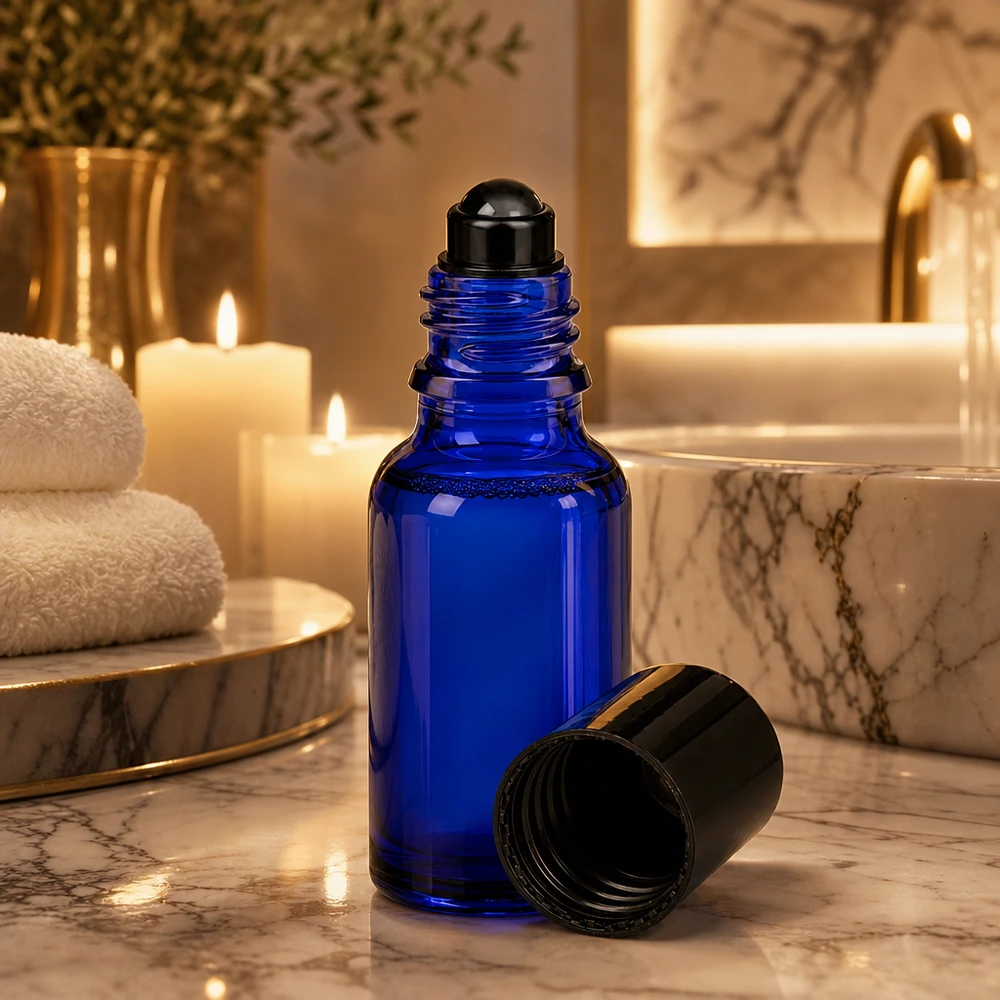 Compacte blauwe glazen fles met roll-on-applicator voor parfum en verzorgingsoliën