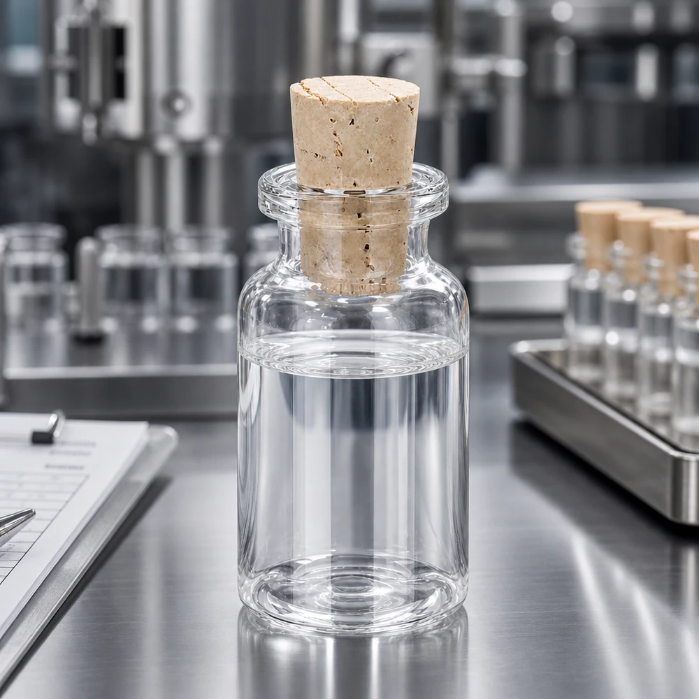 Injectiefles helder glas 10ml met kurk 11/14mm Stabiler Glasbehälter 10ml mit konischem Naturkorken 11/14mm auf Labortisch mit Tray