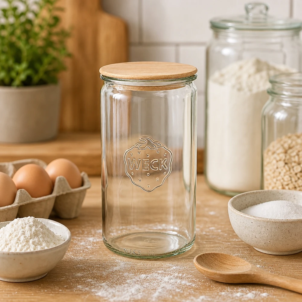 WECK pot 1590ml RR100 leeg in bakkerskeuken met bloem, eieren en bakingrediënten voor brood bakken en deegbereiding
