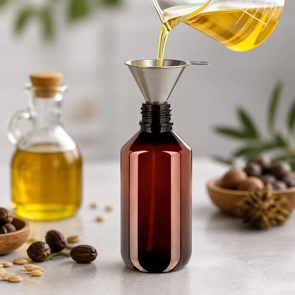 200 ml PET medicijnfles met verstuiver zwart GCMI 28/410 incl. dop transparant, standaard 200ml PET Flasche in Braun mit schwarzem Zerstäuber ideal für natürliche Haut und Haarpflege