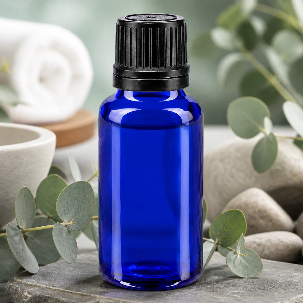 Blauwe glazen flessen 20ml met zwart schroefsluiting gietring VR Hoogwaardig blauw flesje van 20 ml van apothekersglas met zwarte OV-sluiting in spa-stijl