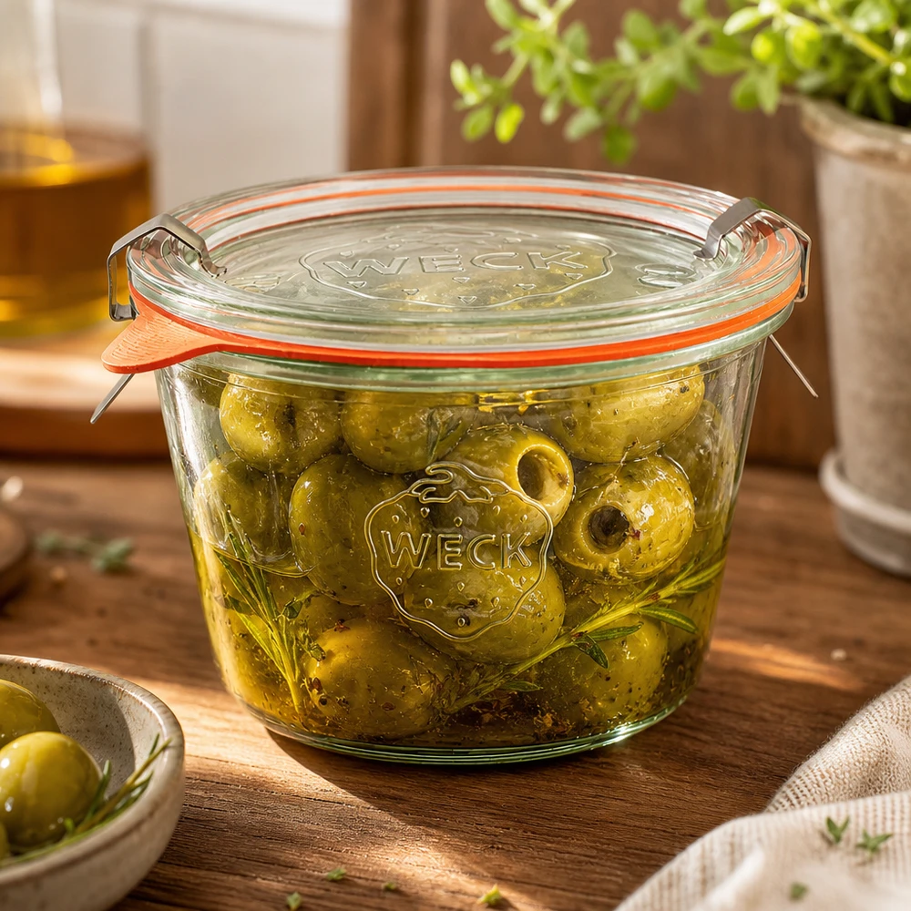 WECK RR100 pot 370ml gevuld met ingemaakte olijven in olie toont perfecte bewaring van antipasti