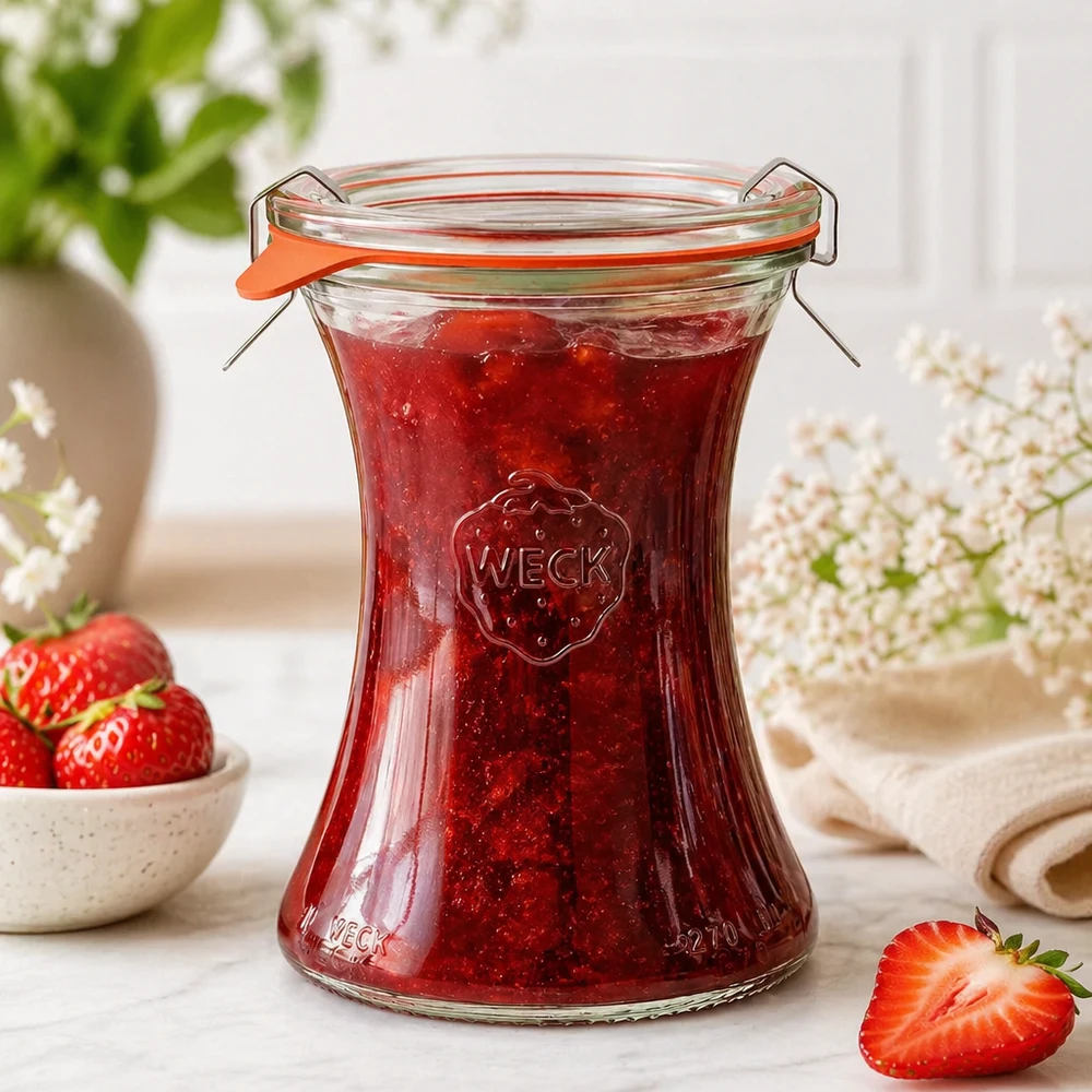 WECK delicatessenpot 370ml RR80 gevuld met zelfgemaakte aardbeienjam Mason jar met swing-top deksel Lifestyle