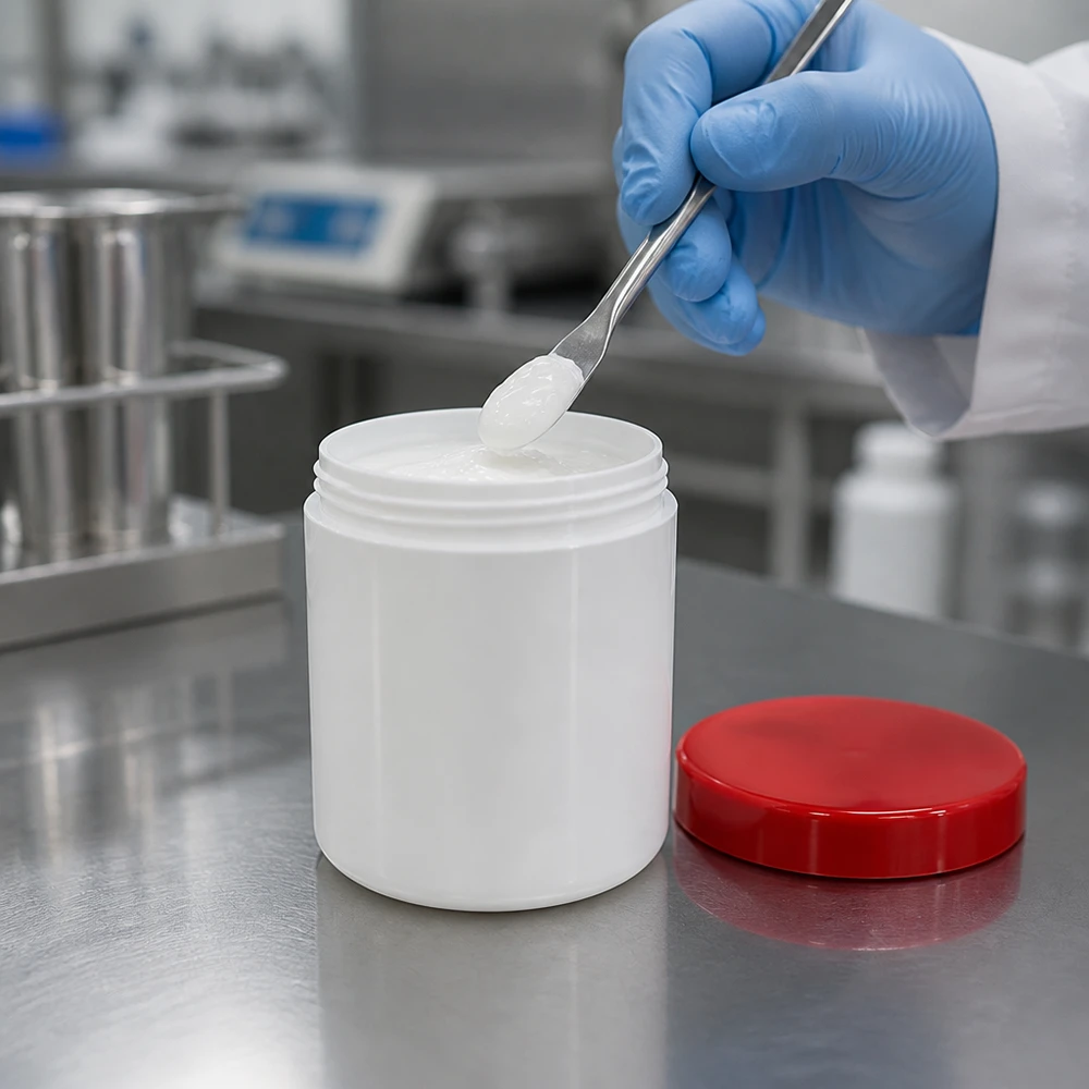 Zalfpot 250 g wit met rood schroefdeksel (PP) Medische zalfpot van 250 g, witte ronde pot met rood deksel op roestvrij staal