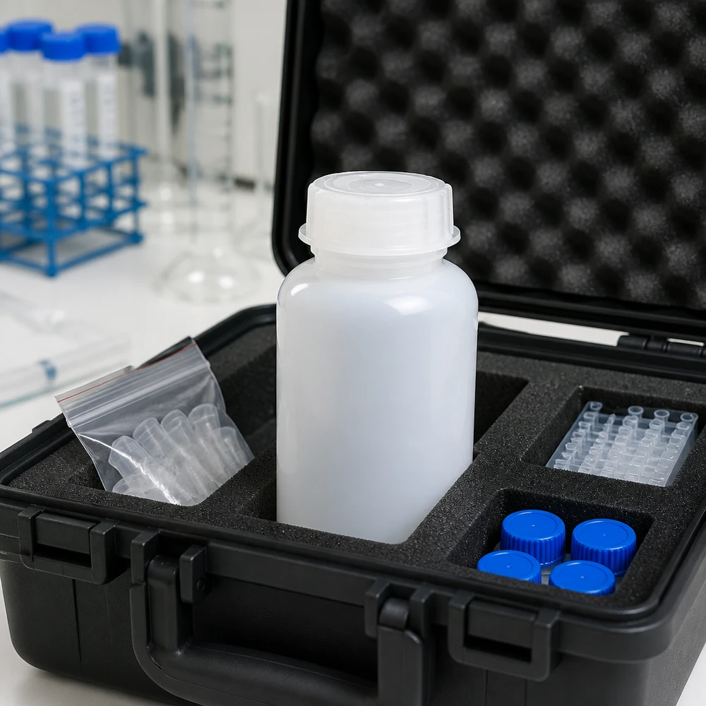 Wijde hals laboratoriumfles 500ml met sluiting Mobiles Beprobungskit mit 500ml Weithalsflasche und Kunststoffgefäßen im gepolsterten Koffer