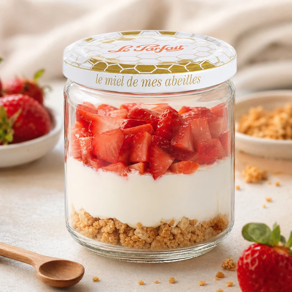 Le Parfait 212ml Honing voorraadpot gebruikt als dessertschaal met aardbeien, yoghurt en koekjesbodem