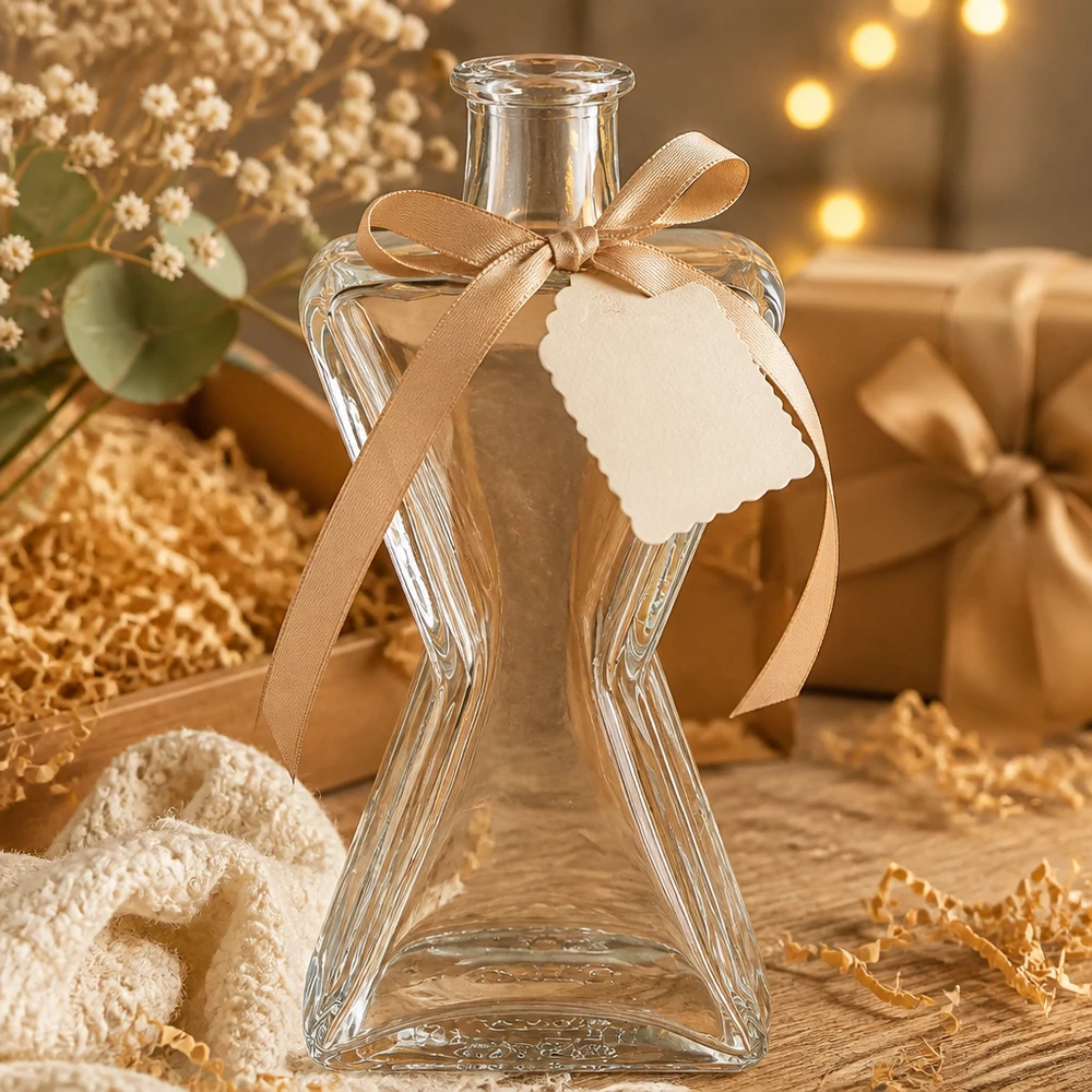 200 ml glazen fles 200ml Glasflasche "Star" ohne Verschluss UNiTWIST zonder sluiting UNiTWIST® 200 ml glazen fles Ster met lint en etiket versierd als cadeau naast gedroogde bloemen