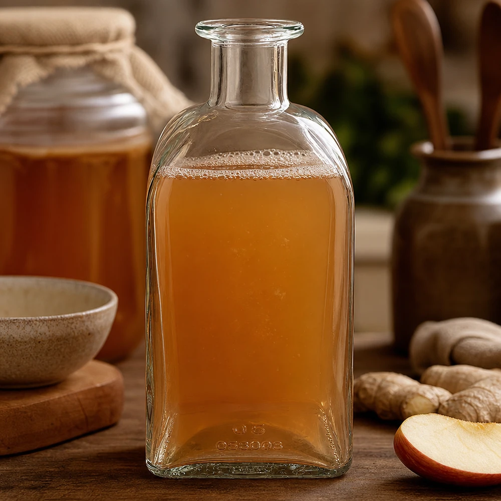 500ml Julia glazen fles met amberkleurige vloeistof tussen gember en appelschijfjes op een rustieke houten tafel