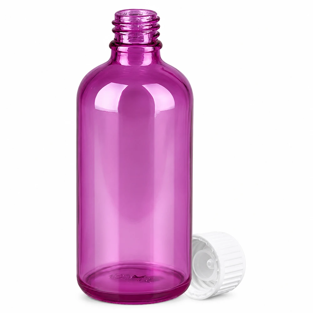 100ml (bol)fles 3mm schenkring wit Standaard PurpleLine. UT18/100 Elegant 100 ml flesje van gekleurd glas in paars voor natuurlijke cosmetica en serums