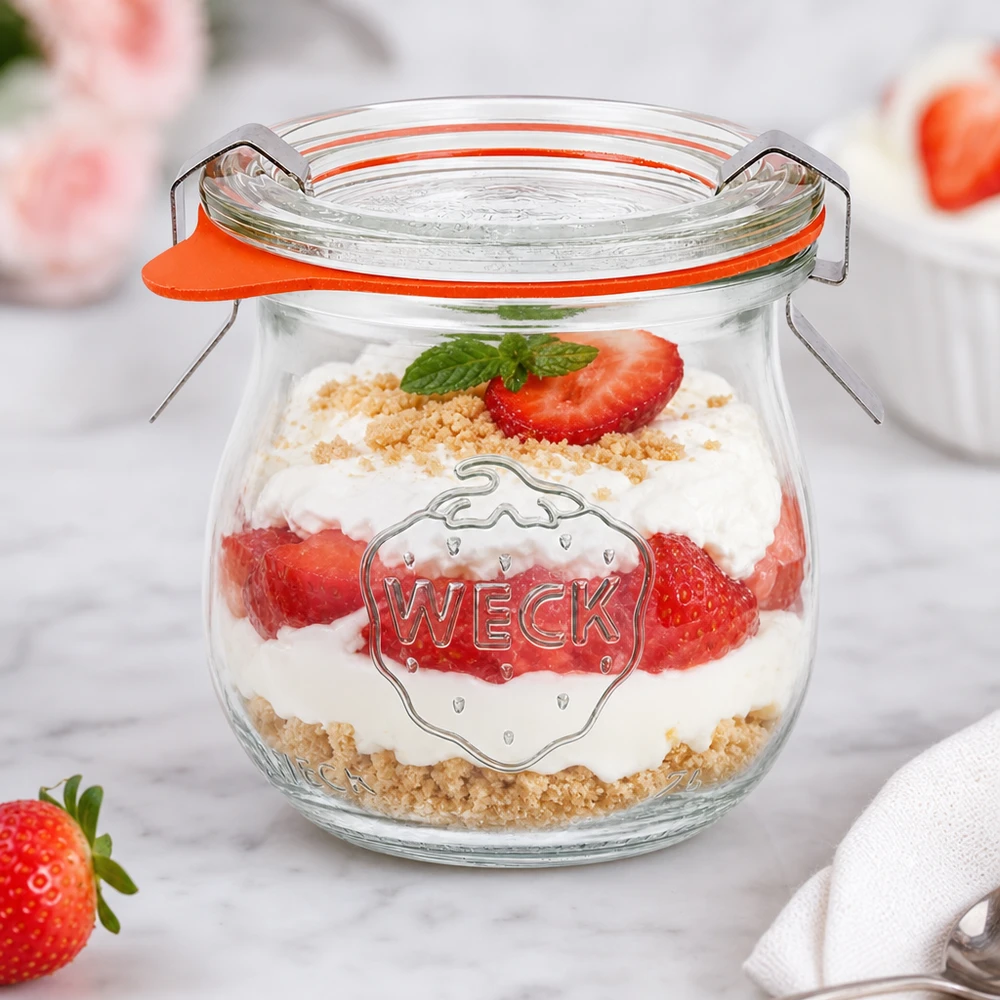 WECK tulp pot 75ml als dessert pot met aardbeien en room gelaagd dessert en koekkruimels stijlvol gepresenteerd