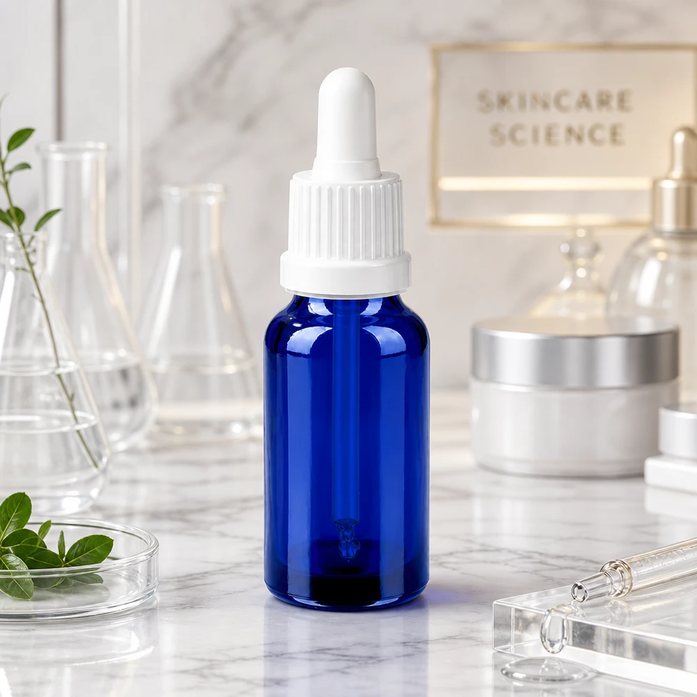 Blauwe 20ml pipetfles met witte dop voor vloeibare actieve ingrediënten