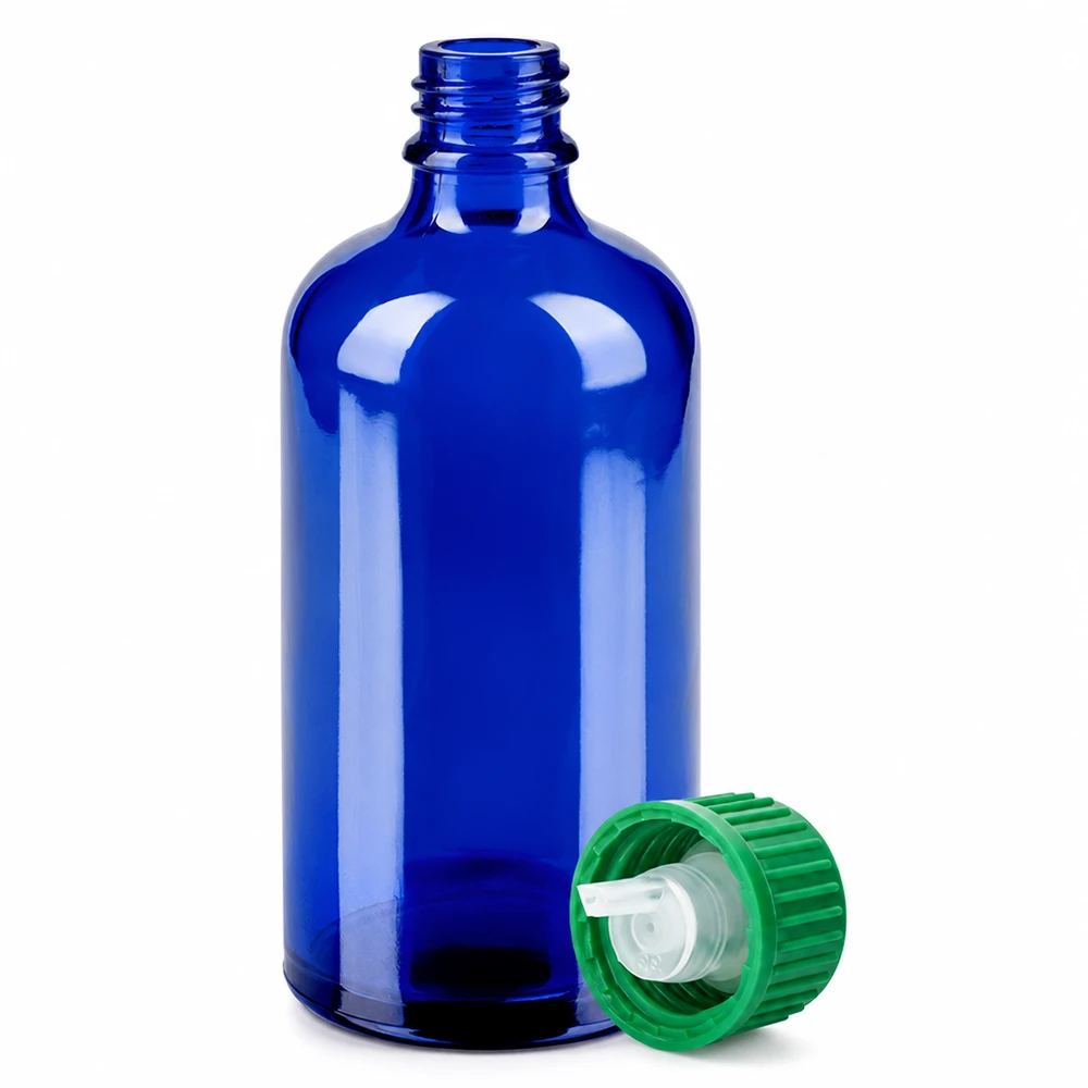 100ml blauw glazen flesje met groene schroefdop en druppelaar voor aromatherapie en cosmetica