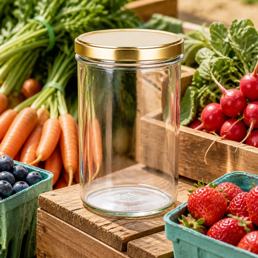 277ml glazen pot leeg met gouden BasicSeal deksel omringd door verse groenten fruit op houten kist marktkraam