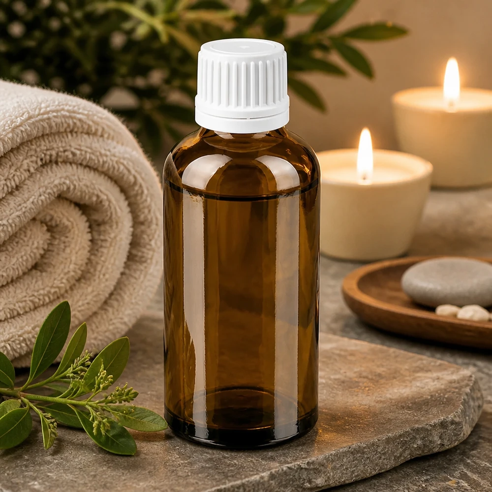 Compacte glazen fles van 50 ml in bruin met witte dop voor aromatherapie en wellness
