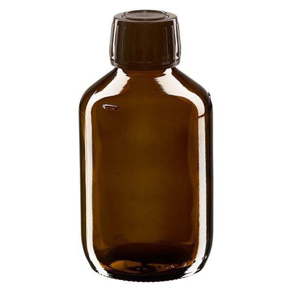 200ml Euro-medicijnfles bruin met blauwe schroefsluiting VR 200ml Euro-medicijnfles bruin met blauwe schroefsluiting VR
