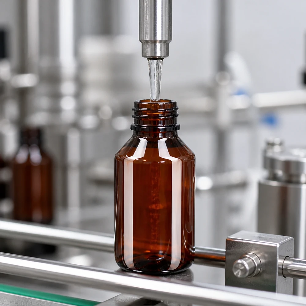Cilindrische ronde fles van 50 ml van bruin PET tijdens het machinaal afvullen in een cleanroom