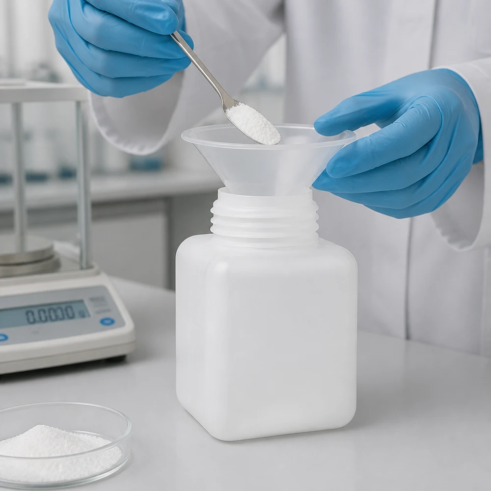 Chemicaliënfles 500 ml, wijde hals Stevige PE-HD-fles met brede hals, 500 ml, naturel, geschikt voor laboratoriumchemicaliën, poeders en vaste stoffen